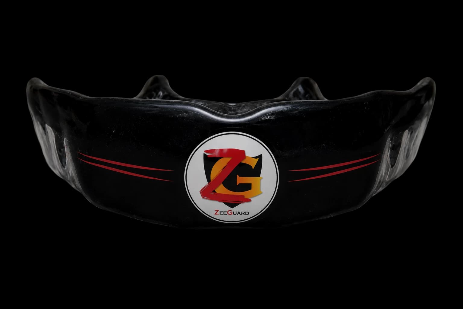 ZeeGuard custom-fit mouthguard, black with silver crest logo